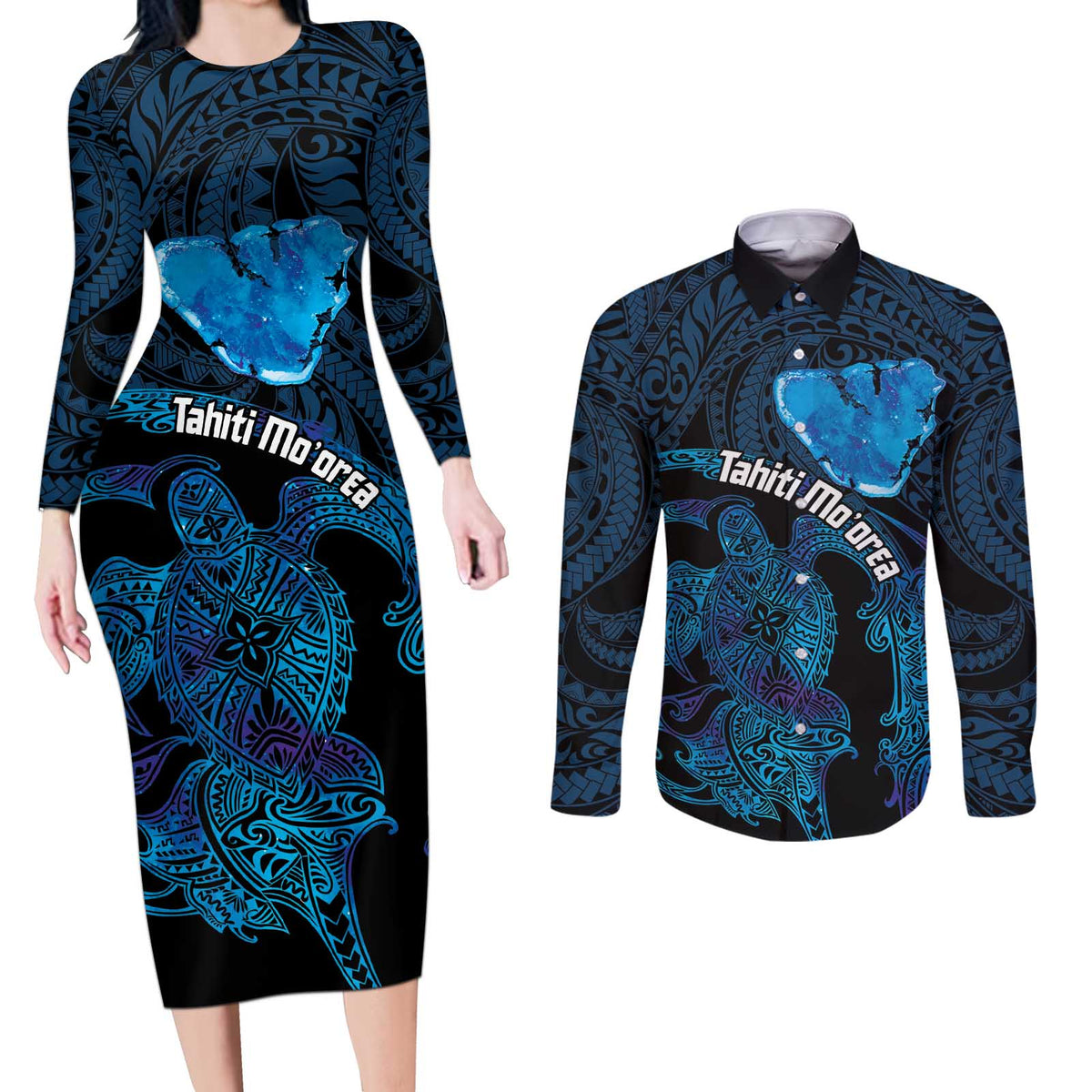 Personalised Tahiti Moorea Atoll Couples Matching Long Sleeve Bodycon Dress and Long Sleeve Button Shirt Polynesian Sea Turtle LT14 Blue - Polynesian Pride