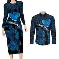 Personalised Tahiti Moorea Atoll Couples Matching Long Sleeve Bodycon Dress and Long Sleeve Button Shirt Polynesian Sea Turtle LT14 Blue - Polynesian Pride