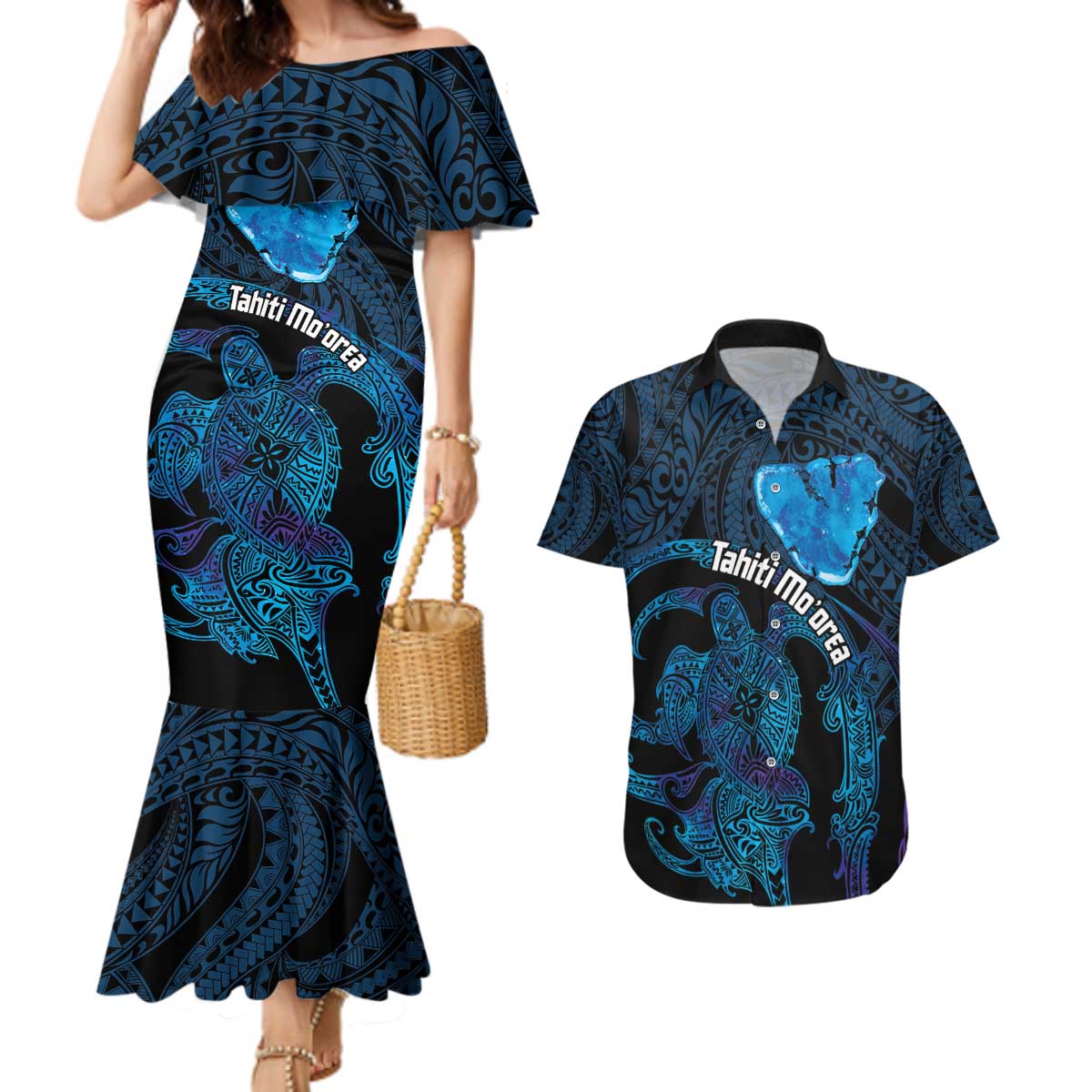 Personalised Tahiti Moorea Atoll Couples Matching Mermaid Dress and Hawaiian Shirt Polynesian Sea Turtle LT14 Blue - Polynesian Pride