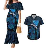 Personalised Tahiti Moorea Atoll Couples Matching Mermaid Dress and Hawaiian Shirt Polynesian Sea Turtle LT14 Blue - Polynesian Pride