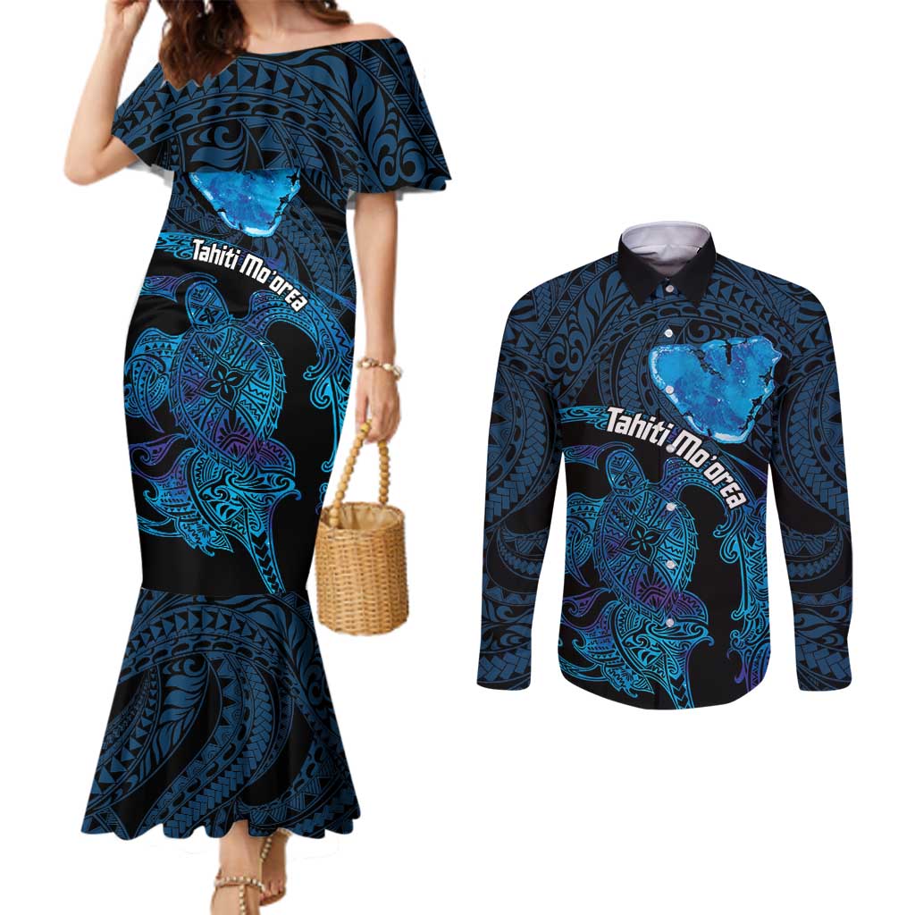Personalised Tahiti Moorea Atoll Couples Matching Mermaid Dress and Long Sleeve Button Shirt Polynesian Sea Turtle LT14 Blue - Polynesian Pride