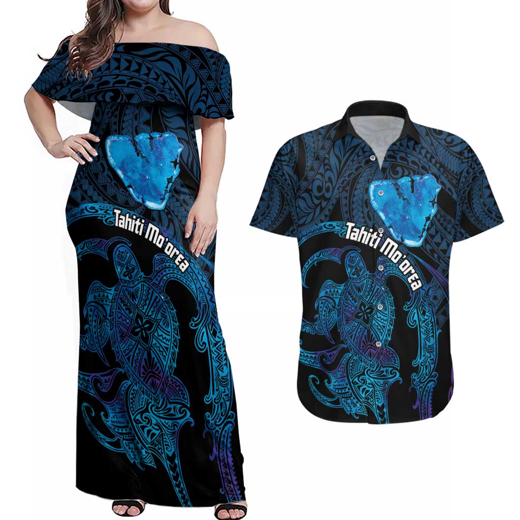 Personalised Tahiti Moorea Atoll Couples Matching Off Shoulder Maxi Dress and Hawaiian Shirt Polynesian Sea Turtle LT14 Blue - Polynesian Pride