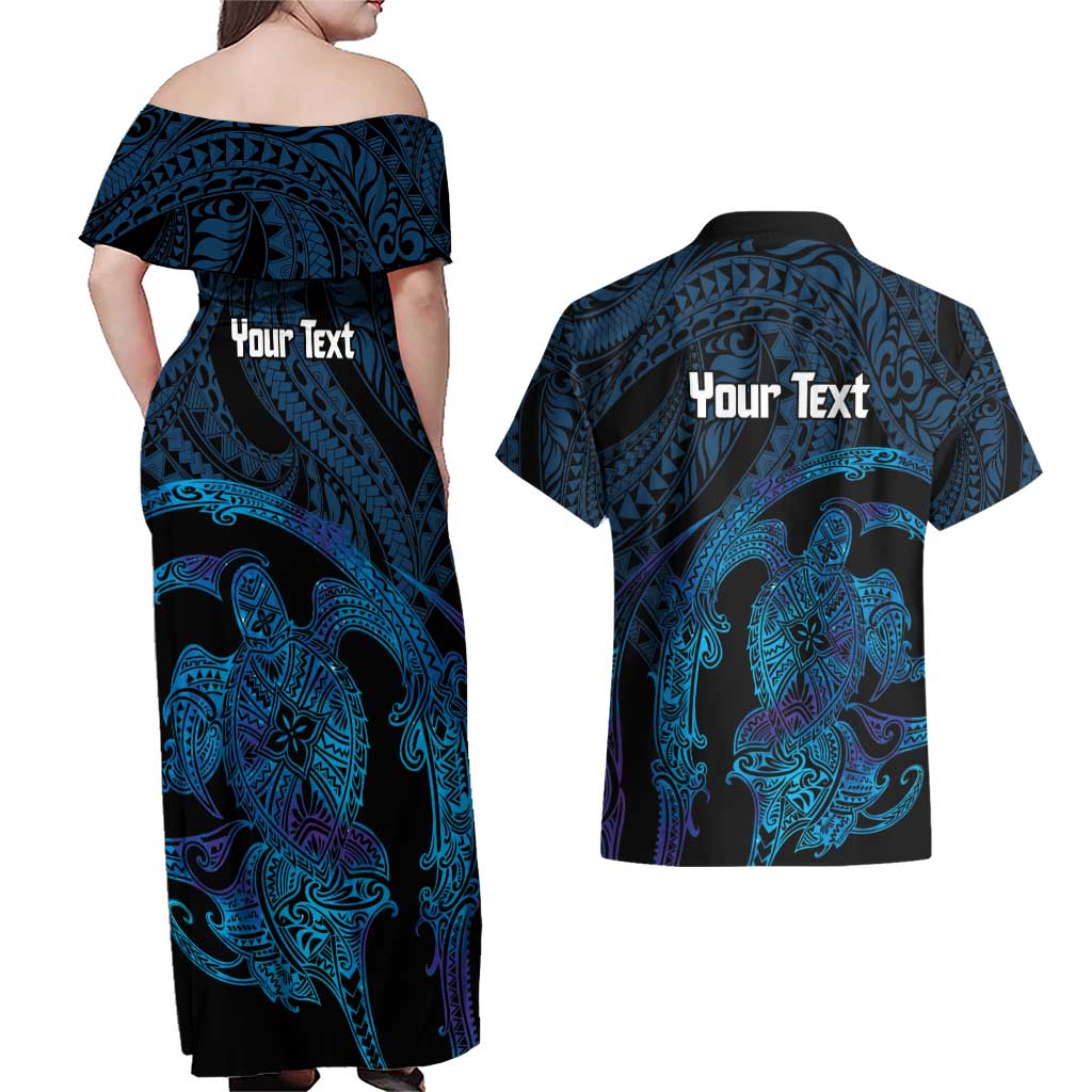 Personalised Tahiti Moorea Atoll Couples Matching Off Shoulder Maxi Dress and Hawaiian Shirt Polynesian Sea Turtle LT14 - Polynesian Pride