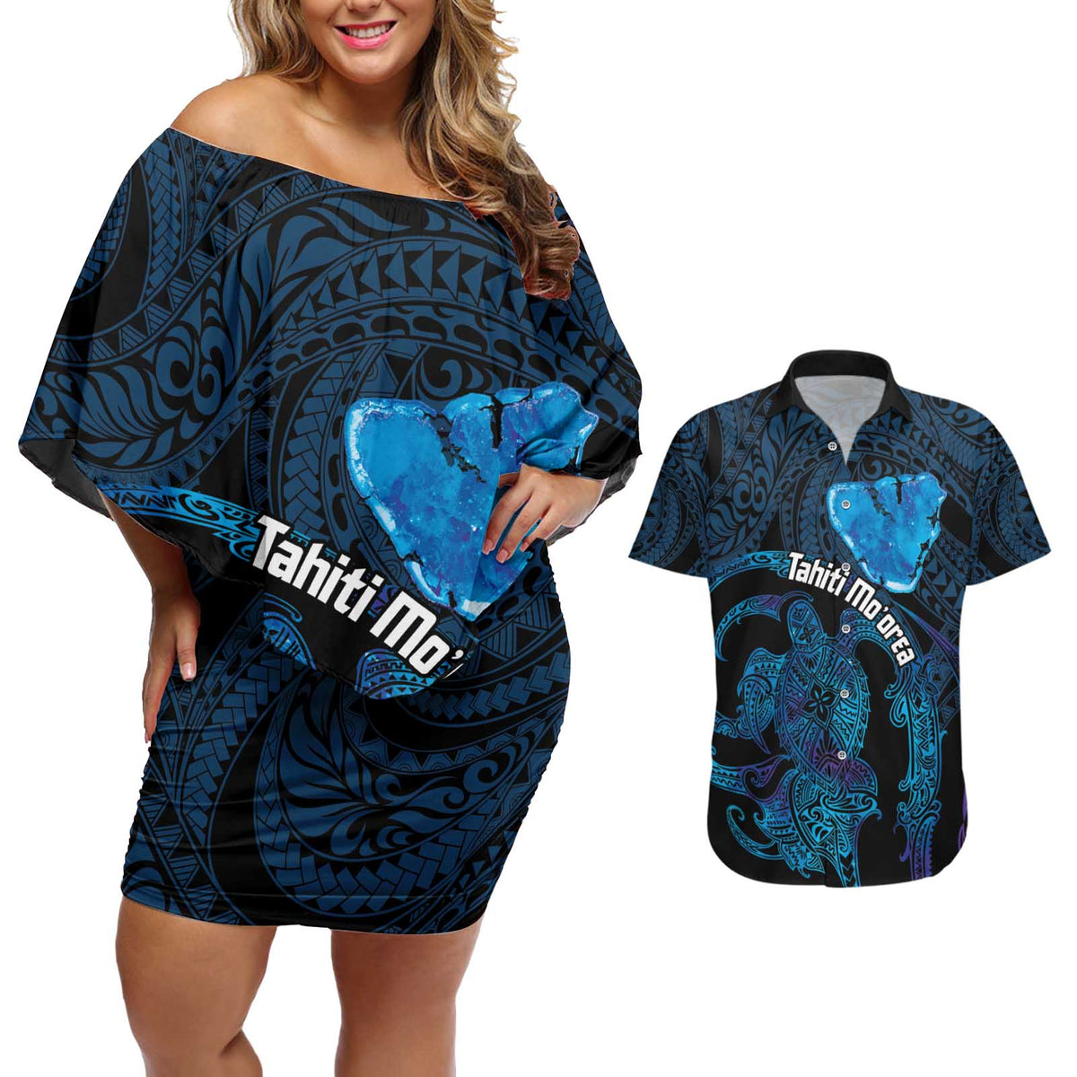 Personalised Tahiti Moorea Atoll Couples Matching Off Shoulder Short Dress and Hawaiian Shirt Polynesian Sea Turtle LT14 Blue - Polynesian Pride