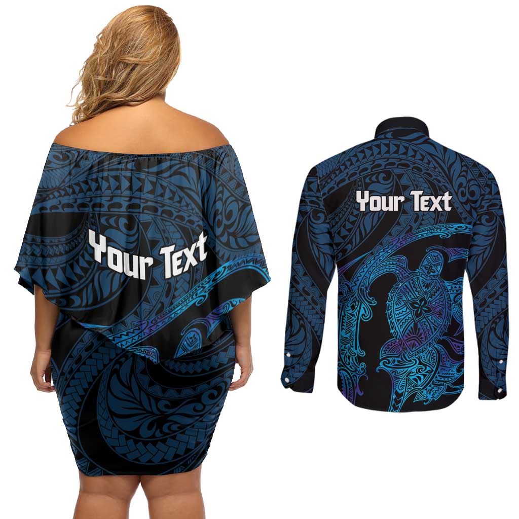Personalised Tahiti Moorea Atoll Couples Matching Off Shoulder Short Dress and Long Sleeve Button Shirt Polynesian Sea Turtle LT14 - Polynesian Pride
