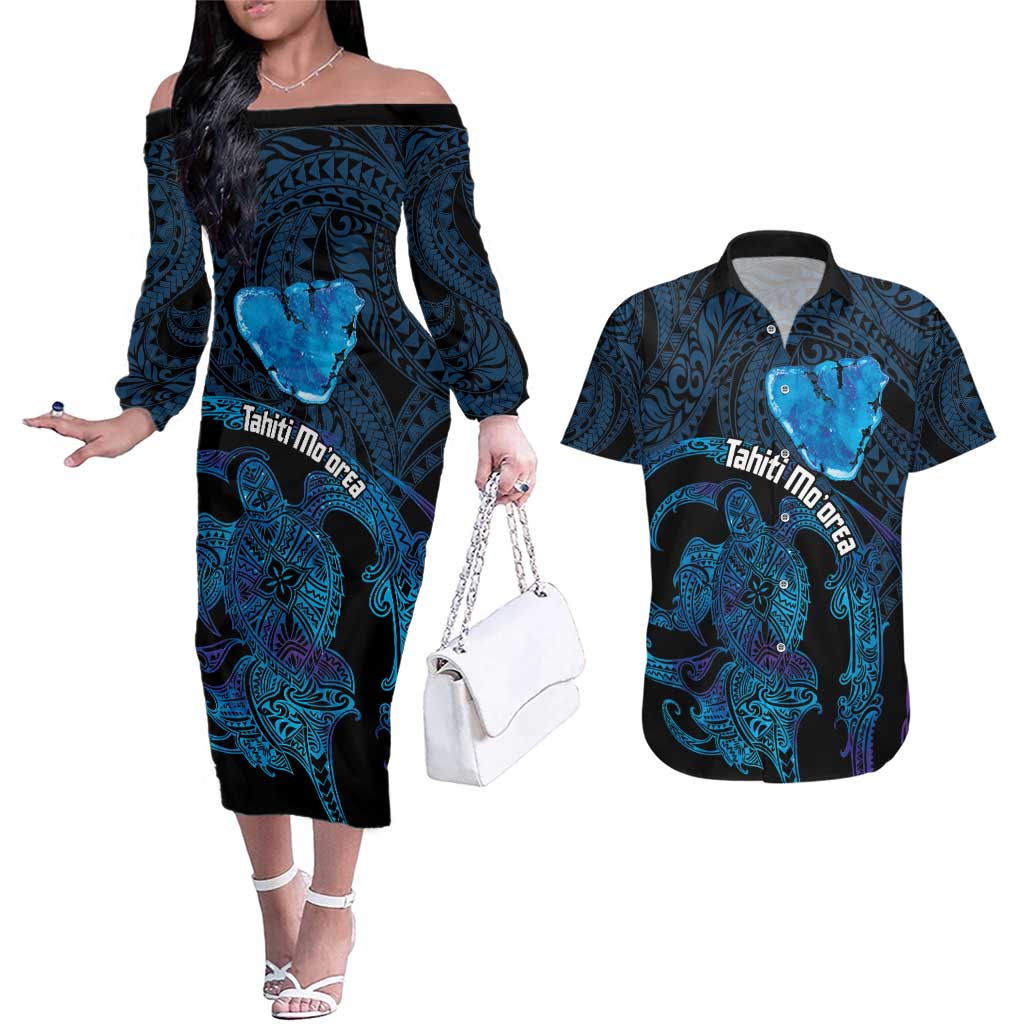 Personalised Tahiti Moorea Atoll Couples Matching Off The Shoulder Long Sleeve Dress and Hawaiian Shirt Polynesian Sea Turtle LT14 Blue - Polynesian Pride
