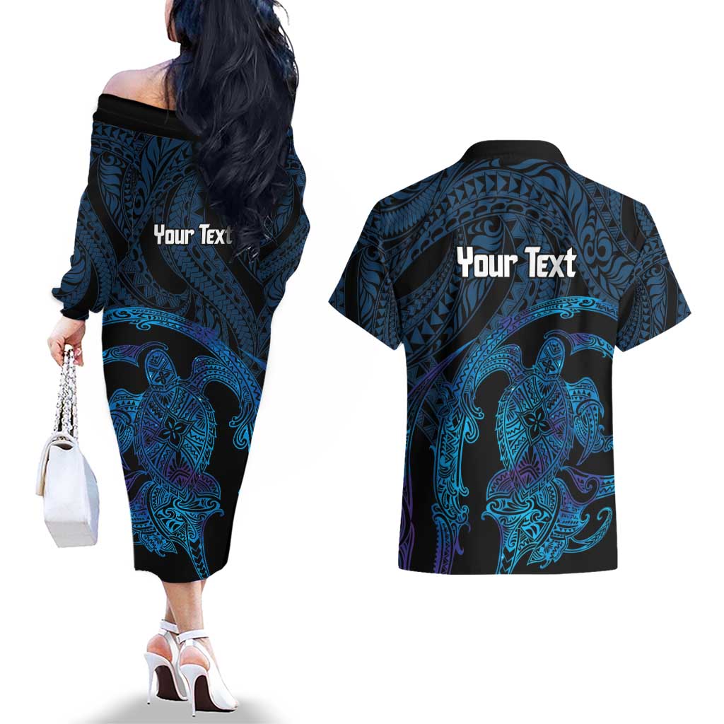 Personalised Tahiti Moorea Atoll Couples Matching Off The Shoulder Long Sleeve Dress and Hawaiian Shirt Polynesian Sea Turtle LT14 - Polynesian Pride