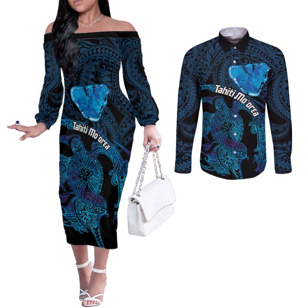 Personalised Tahiti Moorea Atoll Couples Matching Off The Shoulder Long Sleeve Dress and Long Sleeve Button Shirt Polynesian Sea Turtle LT14 Blue - Polynesian Pride