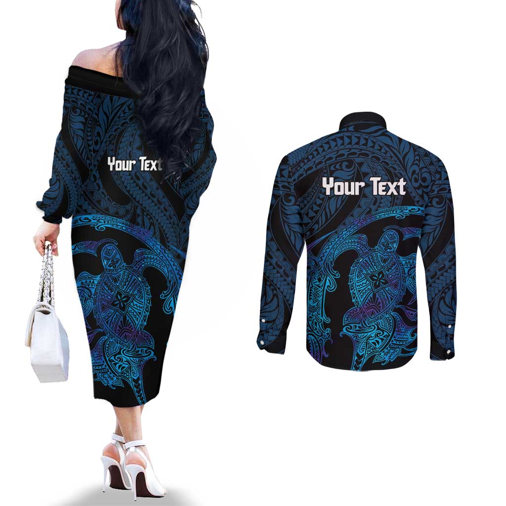 Personalised Tahiti Moorea Atoll Couples Matching Off The Shoulder Long Sleeve Dress and Long Sleeve Button Shirt Polynesian Sea Turtle LT14 - Polynesian Pride