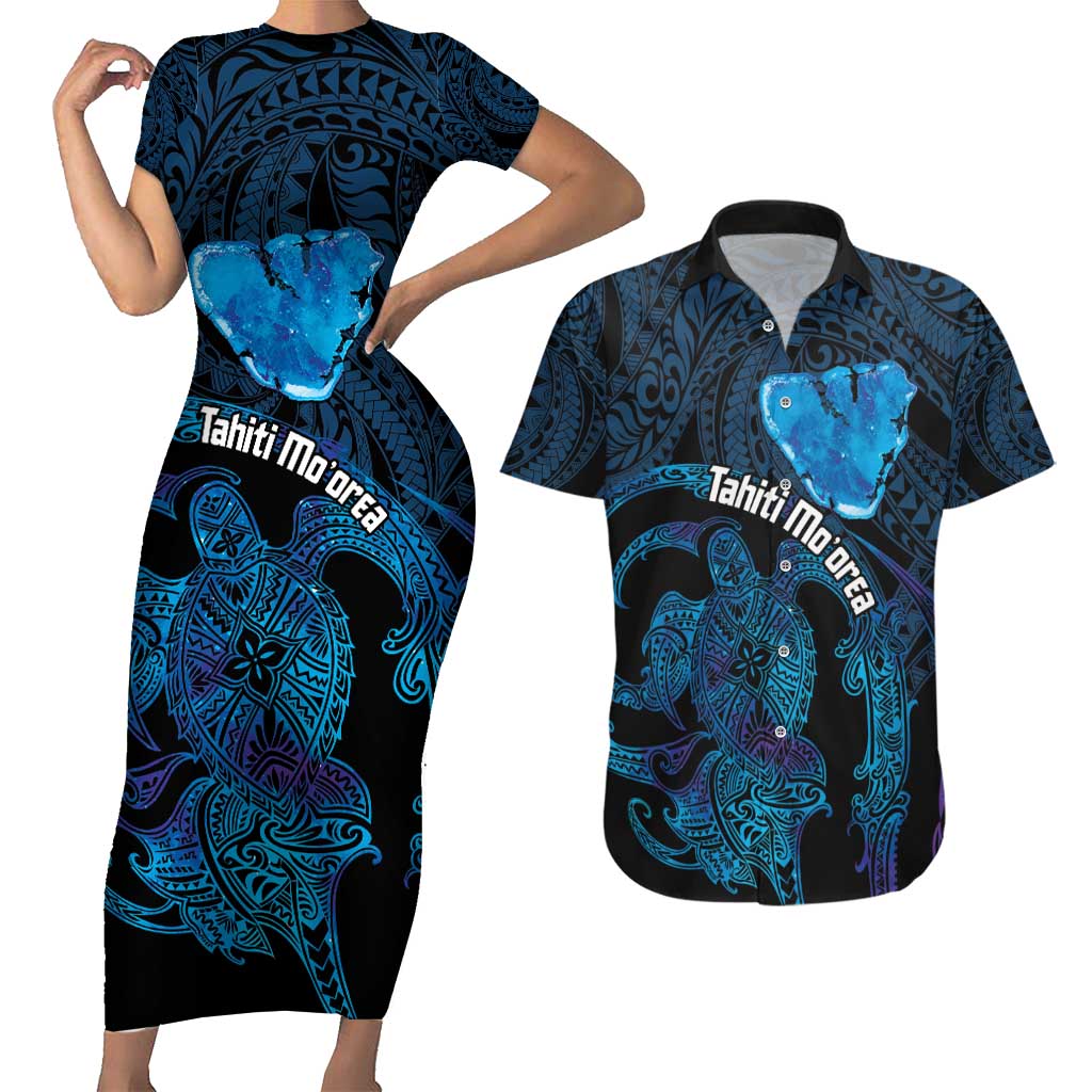 Personalised Tahiti Moorea Atoll Couples Matching Short Sleeve Bodycon Dress and Hawaiian Shirt Polynesian Sea Turtle LT14 Blue - Polynesian Pride