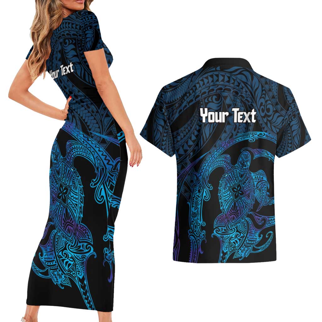 Personalised Tahiti Moorea Atoll Couples Matching Short Sleeve Bodycon Dress and Hawaiian Shirt Polynesian Sea Turtle LT14 - Polynesian Pride