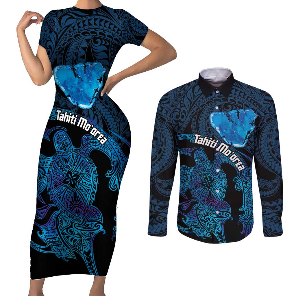Personalised Tahiti Moorea Atoll Couples Matching Short Sleeve Bodycon Dress and Long Sleeve Button Shirt Polynesian Sea Turtle LT14 Blue - Polynesian Pride