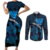 Personalised Tahiti Moorea Atoll Couples Matching Short Sleeve Bodycon Dress and Long Sleeve Button Shirt Polynesian Sea Turtle LT14 Blue - Polynesian Pride