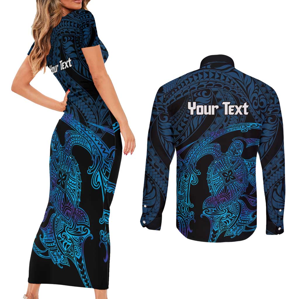 Personalised Tahiti Moorea Atoll Couples Matching Short Sleeve Bodycon Dress and Long Sleeve Button Shirt Polynesian Sea Turtle LT14 - Polynesian Pride
