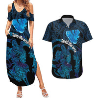 Personalised Tahiti Moorea Atoll Couples Matching Summer Maxi Dress and Hawaiian Shirt Polynesian Sea Turtle LT14 Blue - Polynesian Pride