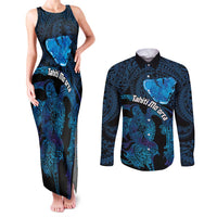 Personalised Tahiti Moorea Atoll Couples Matching Tank Maxi Dress and Long Sleeve Button Shirt Polynesian Sea Turtle LT14 Blue - Polynesian Pride