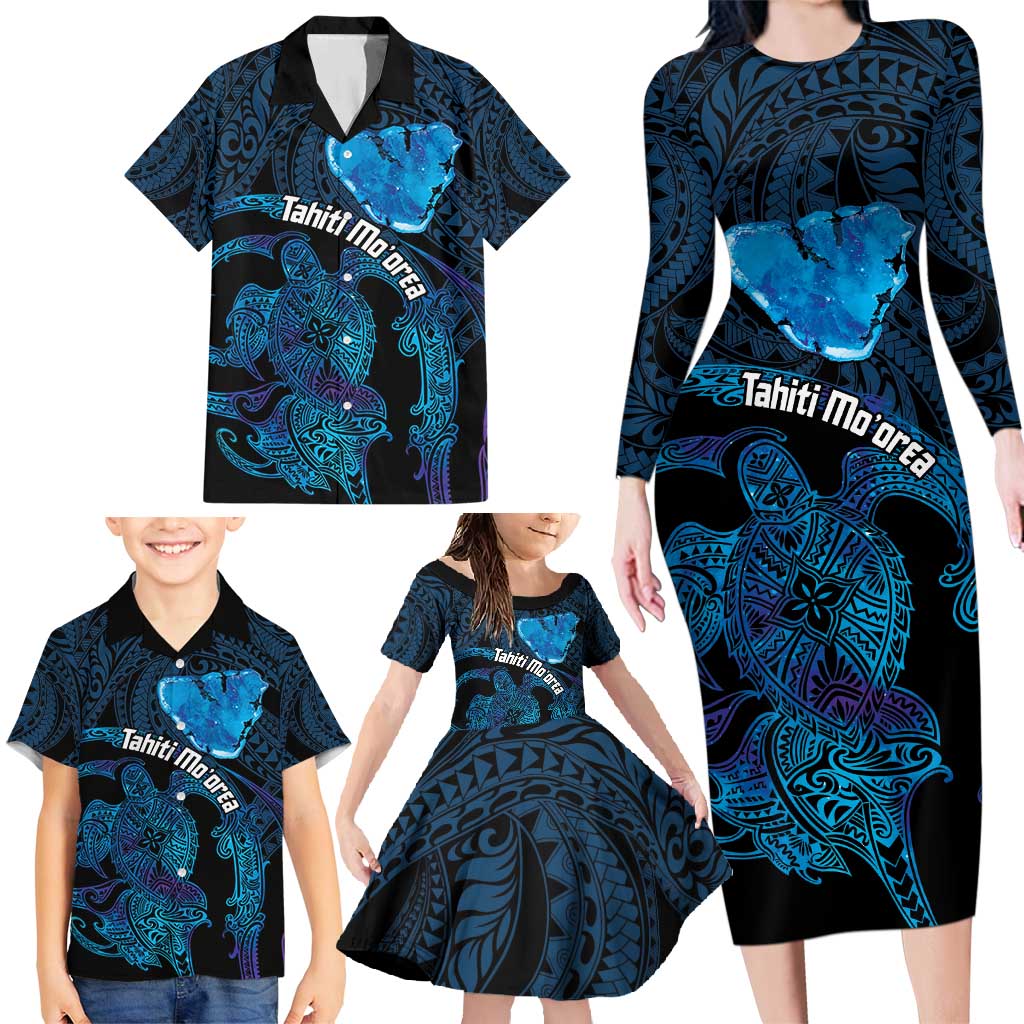 Personalised Tahiti Moorea Atoll Family Matching Long Sleeve Bodycon Dress and Hawaiian Shirt Polynesian Sea Turtle LT14 - Polynesian Pride
