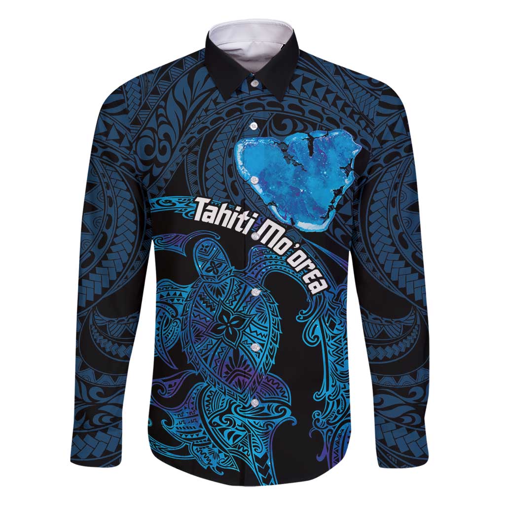 Personalised Tahiti Moorea Atoll Family Matching Long Sleeve Bodycon Dress and Hawaiian Shirt Polynesian Sea Turtle LT14 Dad's Shirt - Long Sleeve Blue - Polynesian Pride