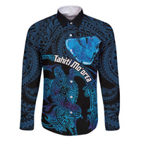 Personalised Tahiti Moorea Atoll Family Matching Long Sleeve Bodycon Dress and Hawaiian Shirt Polynesian Sea Turtle LT14 Dad's Shirt - Long Sleeve Blue - Polynesian Pride