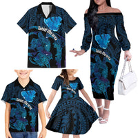 Personalised Tahiti Moorea Atoll Family Matching Off The Shoulder Long Sleeve Dress and Hawaiian Shirt Polynesian Sea Turtle LT14 - Polynesian Pride