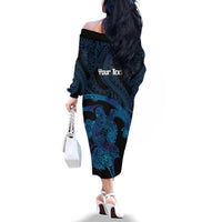 Personalised Tahiti Moorea Atoll Family Matching Off The Shoulder Long Sleeve Dress and Hawaiian Shirt Polynesian Sea Turtle LT14 - Polynesian Pride