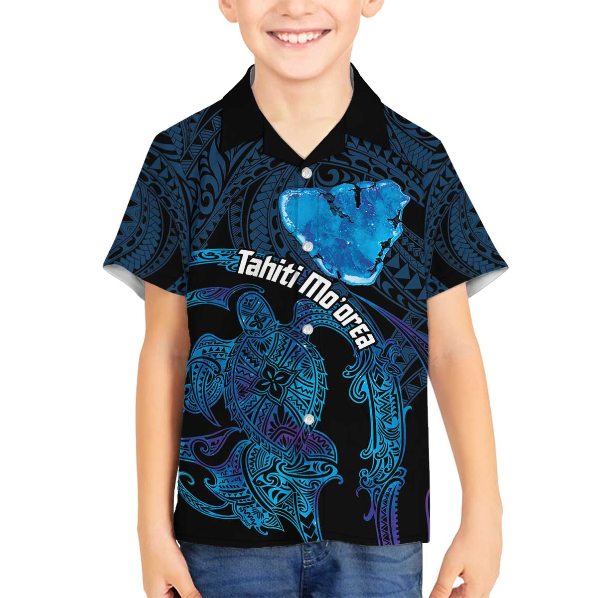 Personalised Tahiti Moorea Atoll Family Matching Off The Shoulder Long Sleeve Dress and Hawaiian Shirt Polynesian Sea Turtle LT14 Son's Shirt Blue - Polynesian Pride