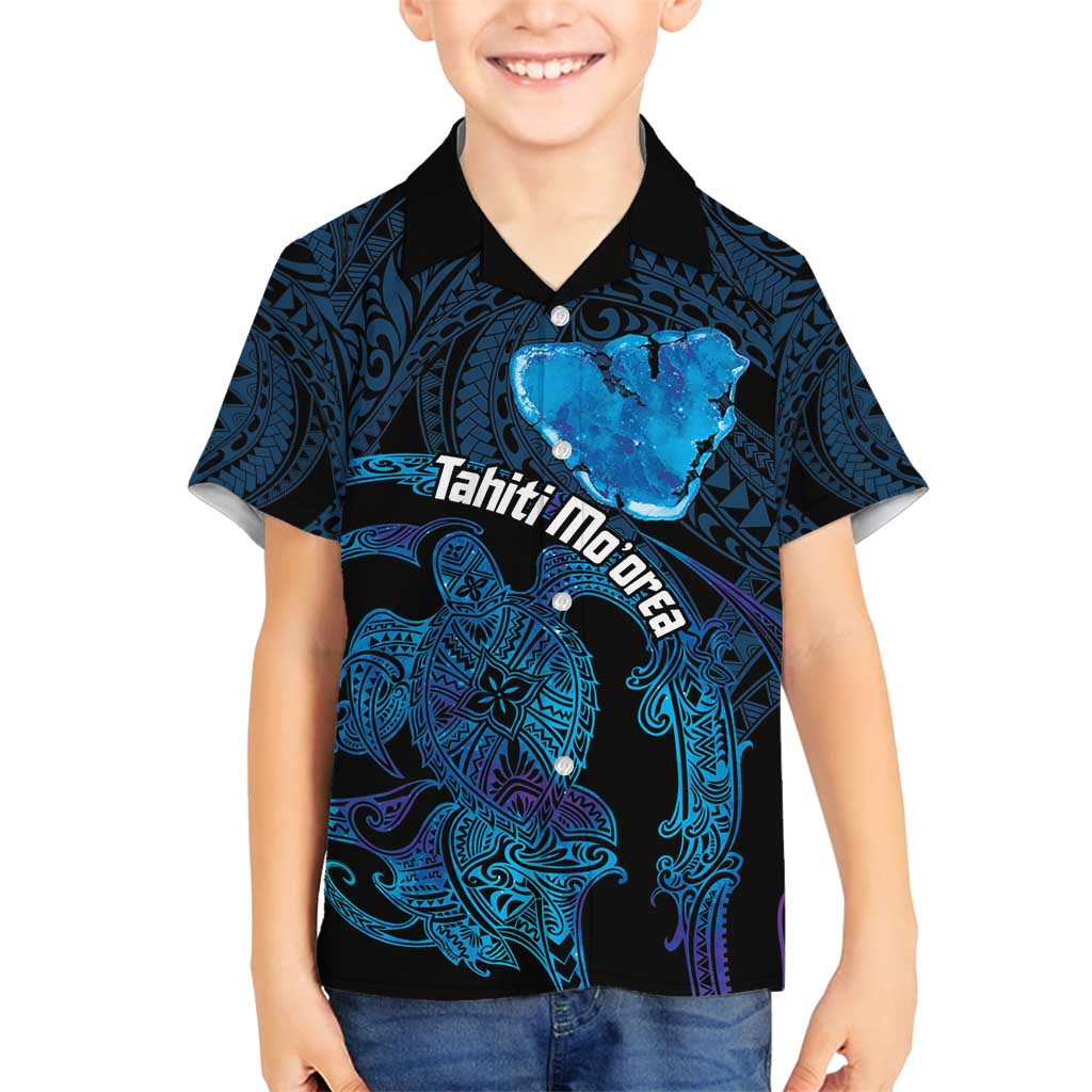 Personalised Tahiti Moorea Atoll Family Matching Off Shoulder Maxi Dress and Hawaiian Shirt Polynesian Sea Turtle LT14 Son's Shirt Blue - Polynesian Pride