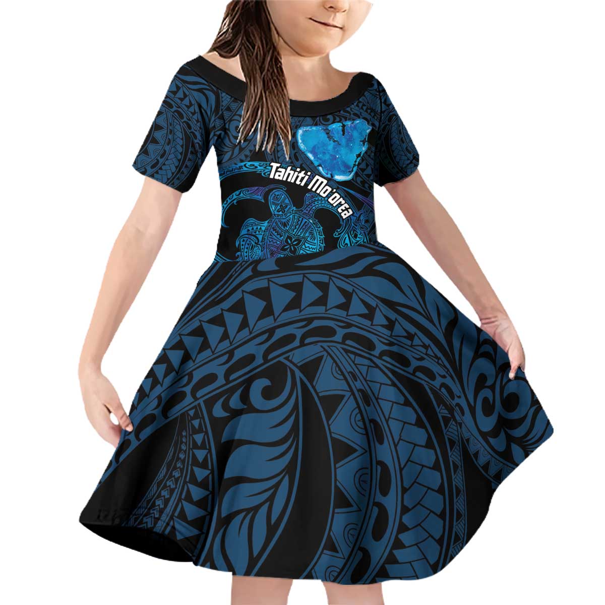 Personalised Tahiti Moorea Atoll Family Matching Off Shoulder Short Dress and Hawaiian Shirt Polynesian Sea Turtle LT14 Daughter's Dress Blue - Polynesian Pride
