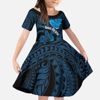 Personalised Tahiti Moorea Atoll Family Matching Puletasi and Hawaiian Shirt Polynesian Sea Turtle LT14 Daughter's Dress Blue - Polynesian Pride