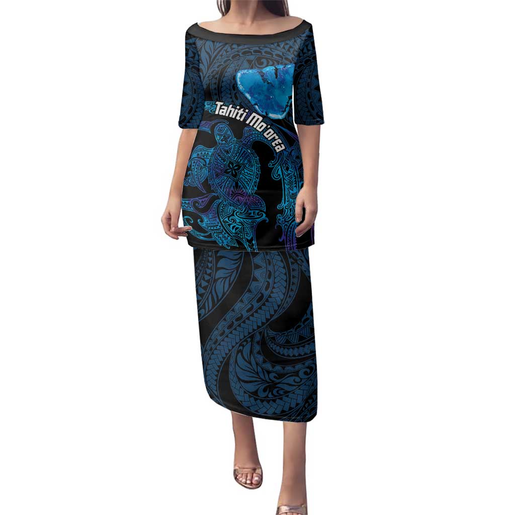 Personalised Tahiti Moorea Atoll Family Matching Puletasi and Hawaiian Shirt Polynesian Sea Turtle LT14 Mom's Dress Blue - Polynesian Pride