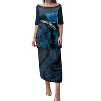 Personalised Tahiti Moorea Atoll Family Matching Puletasi and Hawaiian Shirt Polynesian Sea Turtle LT14 Mom's Dress Blue - Polynesian Pride