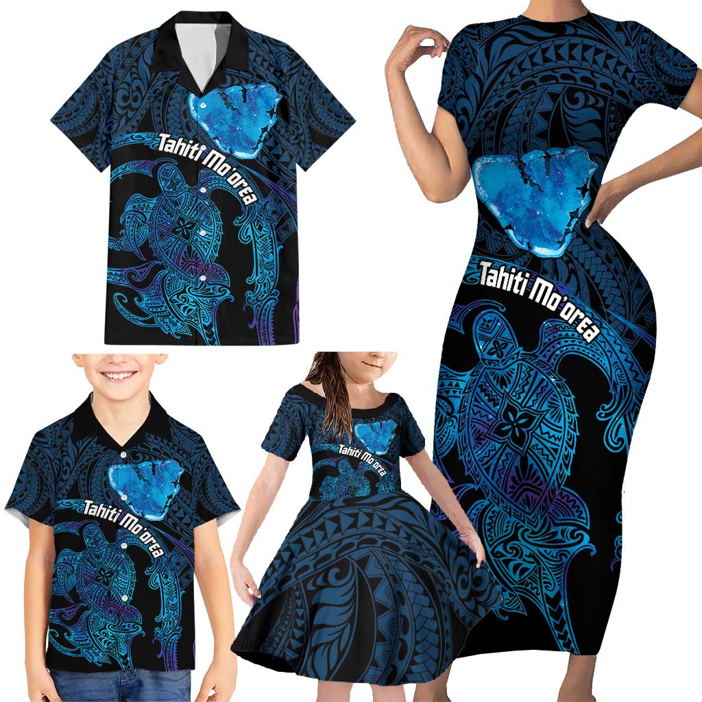 Personalised Tahiti Moorea Atoll Family Matching Short Sleeve Bodycon Dress and Hawaiian Shirt Polynesian Sea Turtle LT14 - Polynesian Pride