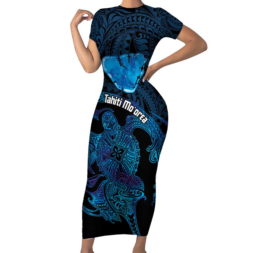 Personalised Tahiti Moorea Atoll Family Matching Short Sleeve Bodycon Dress and Hawaiian Shirt Polynesian Sea Turtle LT14 Mom's Dress Blue - Polynesian Pride