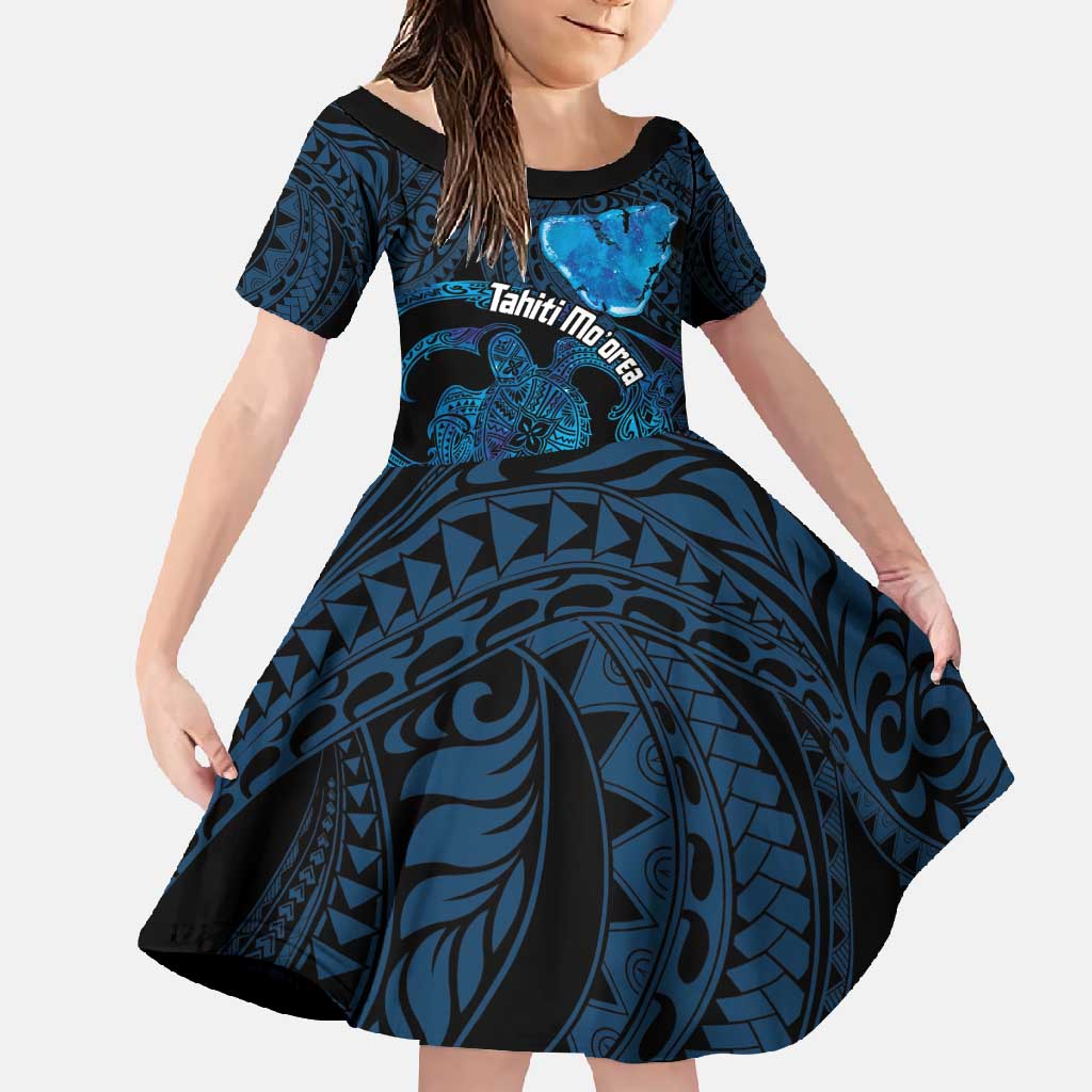 Personalised Tahiti Moorea Atoll Family Matching Tank Maxi Dress and Hawaiian Shirt Polynesian Sea Turtle LT14 Daughter's Dress Blue - Polynesian Pride