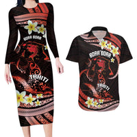 Personalised Tahiti Bora Bora Couples Matching Long Sleeve Bodycon Dress and Hawaiian Shirt Manta Rays With Polynesian Plumeria LT14 Red - Polynesian Pride