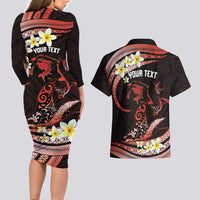 Personalised Tahiti Bora Bora Couples Matching Long Sleeve Bodycon Dress and Hawaiian Shirt Manta Rays With Polynesian Plumeria LT14 - Polynesian Pride