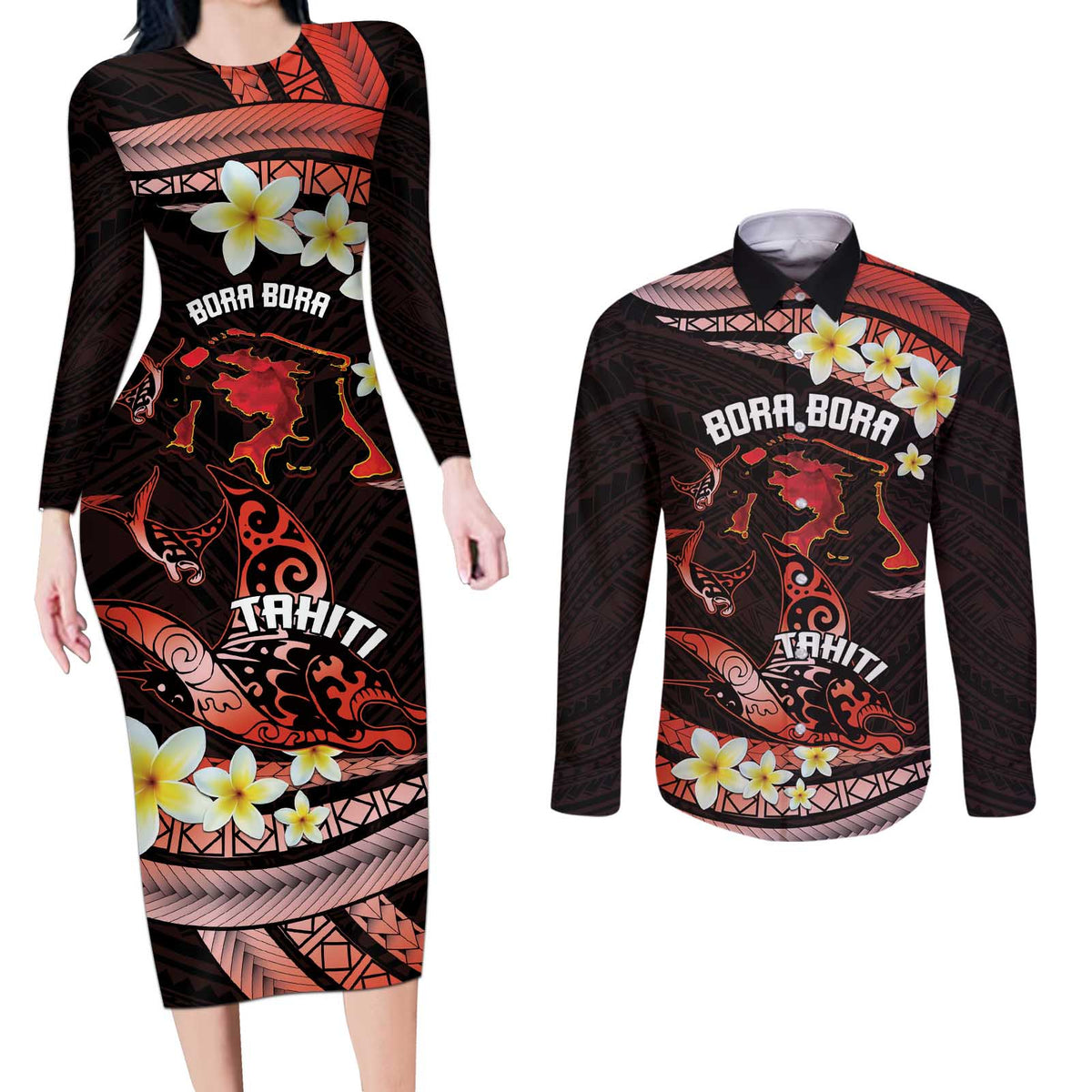 Personalised Tahiti Bora Bora Couples Matching Long Sleeve Bodycon Dress and Long Sleeve Button Shirt Manta Rays With Polynesian Plumeria LT14 Red - Polynesian Pride