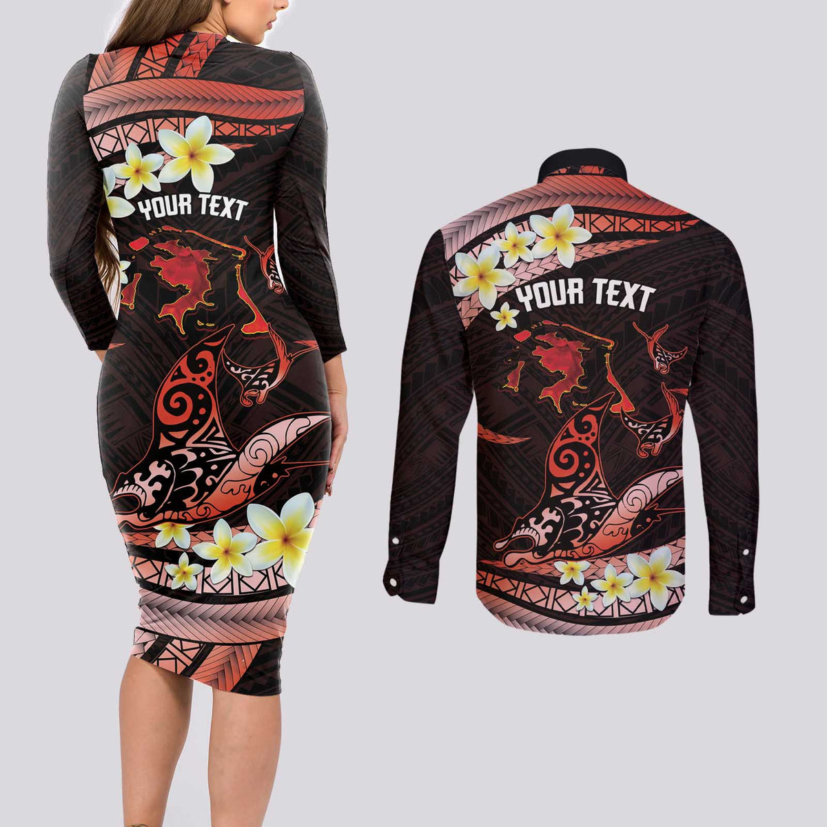 Personalised Tahiti Bora Bora Couples Matching Long Sleeve Bodycon Dress and Long Sleeve Button Shirt Manta Rays With Polynesian Plumeria LT14 - Polynesian Pride