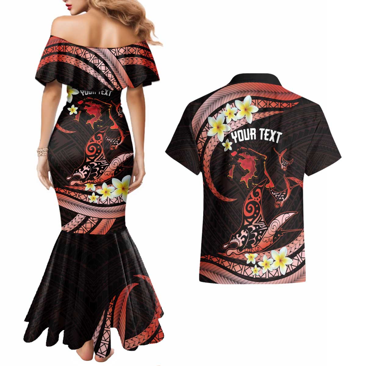 Personalised Tahiti Bora Bora Couples Matching Mermaid Dress and Hawaiian Shirt Manta Rays With Polynesian Plumeria LT14 - Polynesian Pride