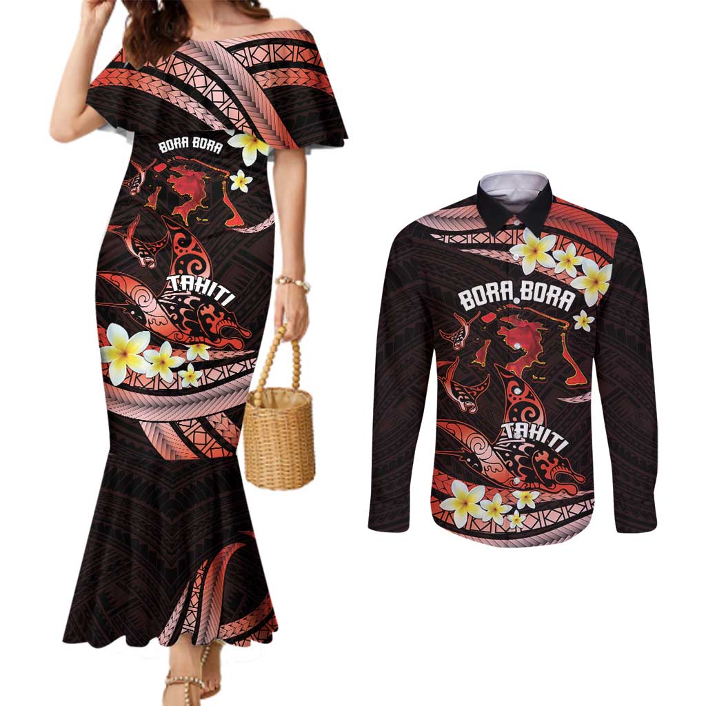 Personalised Tahiti Bora Bora Couples Matching Mermaid Dress and Long Sleeve Button Shirt Manta Rays With Polynesian Plumeria LT14 Red - Polynesian Pride