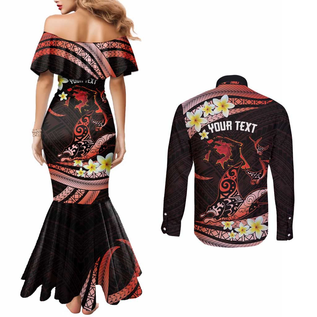 Personalised Tahiti Bora Bora Couples Matching Mermaid Dress and Long Sleeve Button Shirt Manta Rays With Polynesian Plumeria LT14 - Polynesian Pride