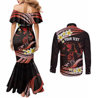Personalised Tahiti Bora Bora Couples Matching Mermaid Dress and Long Sleeve Button Shirt Manta Rays With Polynesian Plumeria LT14 - Polynesian Pride
