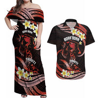 Personalised Tahiti Bora Bora Couples Matching Off Shoulder Maxi Dress and Hawaiian Shirt Manta Rays With Polynesian Plumeria LT14 Red - Polynesian Pride