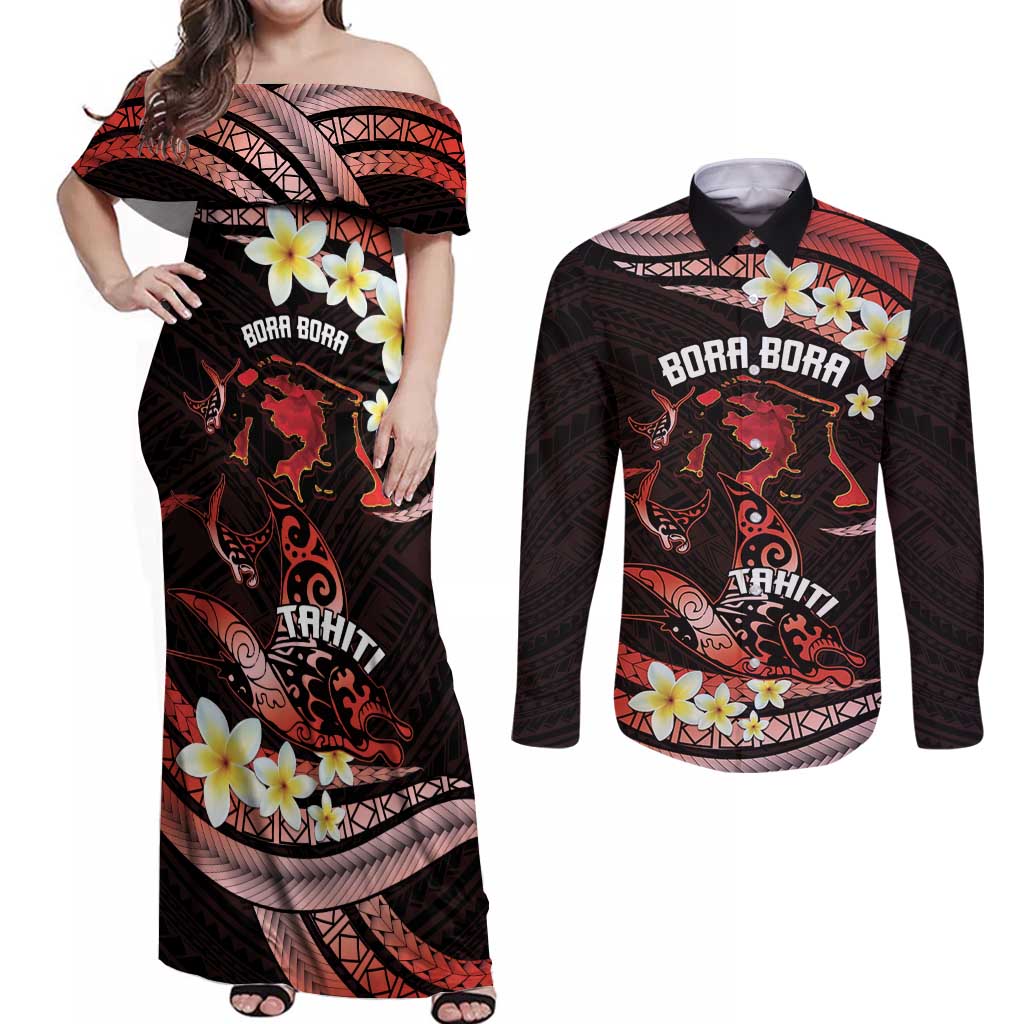 Personalised Tahiti Bora Bora Couples Matching Off Shoulder Maxi Dress and Long Sleeve Button Shirt Manta Rays With Polynesian Plumeria LT14 Red - Polynesian Pride