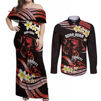 Personalised Tahiti Bora Bora Couples Matching Off Shoulder Maxi Dress and Long Sleeve Button Shirt Manta Rays With Polynesian Plumeria LT14 Red - Polynesian Pride