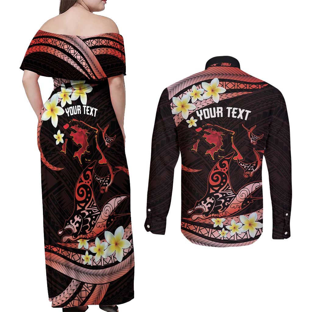 Personalised Tahiti Bora Bora Couples Matching Off Shoulder Maxi Dress and Long Sleeve Button Shirt Manta Rays With Polynesian Plumeria LT14 - Polynesian Pride