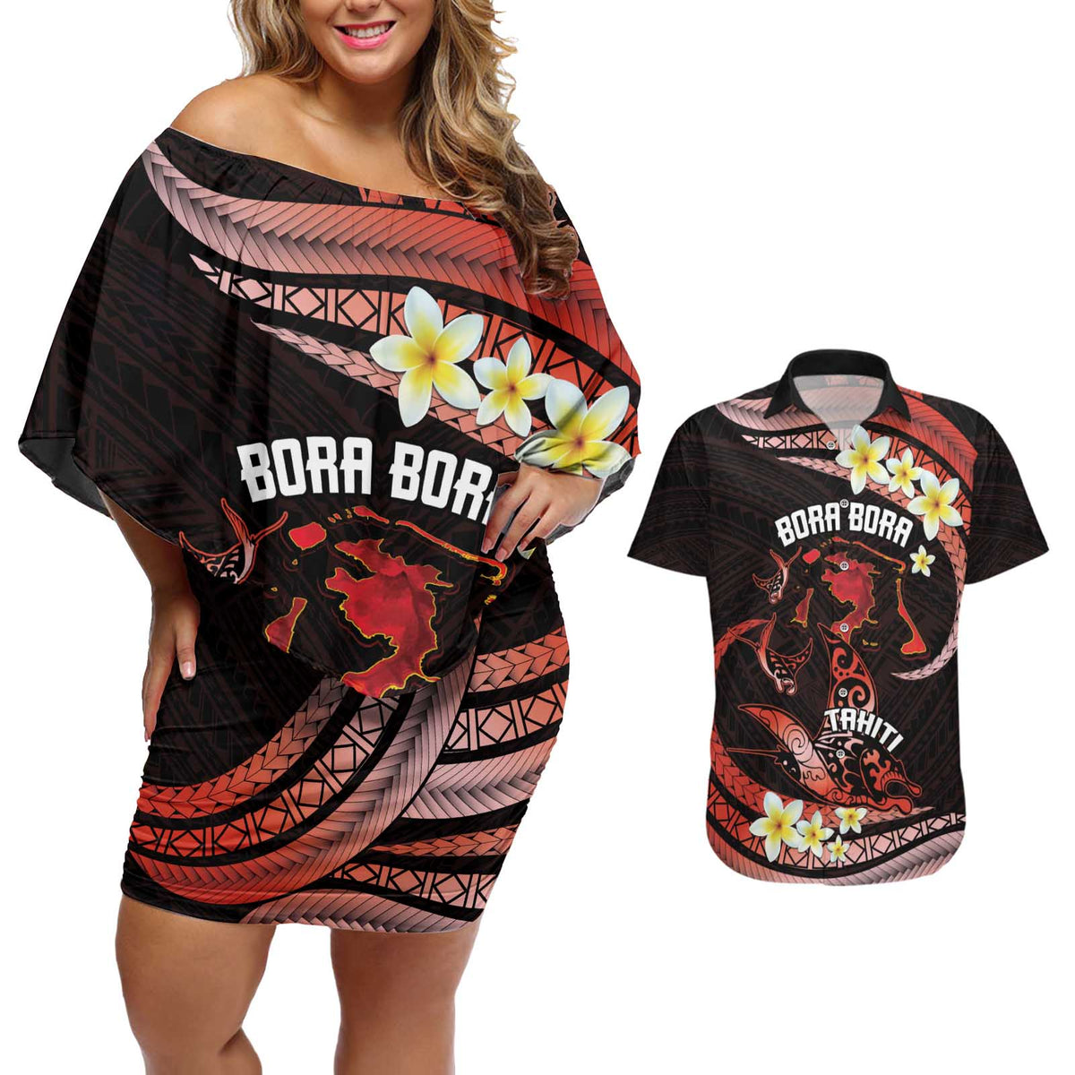 Personalised Tahiti Bora Bora Couples Matching Off Shoulder Short Dress and Hawaiian Shirt Manta Rays With Polynesian Plumeria LT14 Red - Polynesian Pride