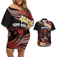 Personalised Tahiti Bora Bora Couples Matching Off Shoulder Short Dress and Hawaiian Shirt Manta Rays With Polynesian Plumeria LT14 Red - Polynesian Pride