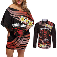 Personalised Tahiti Bora Bora Couples Matching Off Shoulder Short Dress and Long Sleeve Button Shirt Manta Rays With Polynesian Plumeria LT14 Red - Polynesian Pride