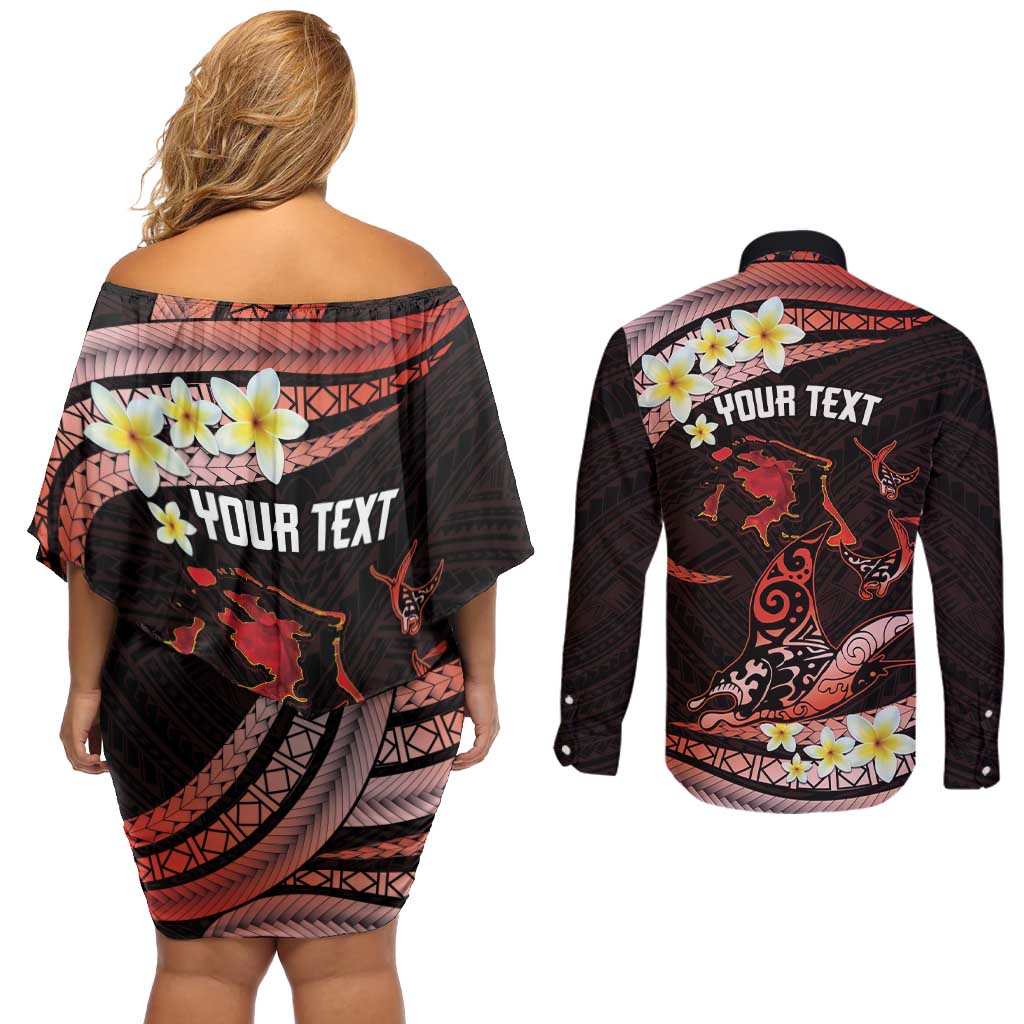 Personalised Tahiti Bora Bora Couples Matching Off Shoulder Short Dress and Long Sleeve Button Shirt Manta Rays With Polynesian Plumeria LT14 - Polynesian Pride